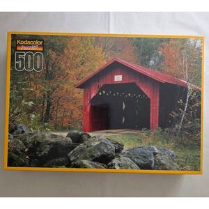 VTG 1991 Kodacolor 500 Piece Puzzle Red Covered Bridge Fall Rose Art New Sealed